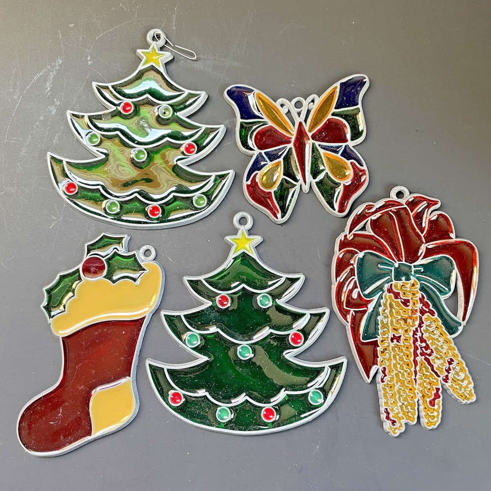 Vtg Lot of 5 Faux Stained Glass Sun Catcher Christmas Window Ornaments Tree
